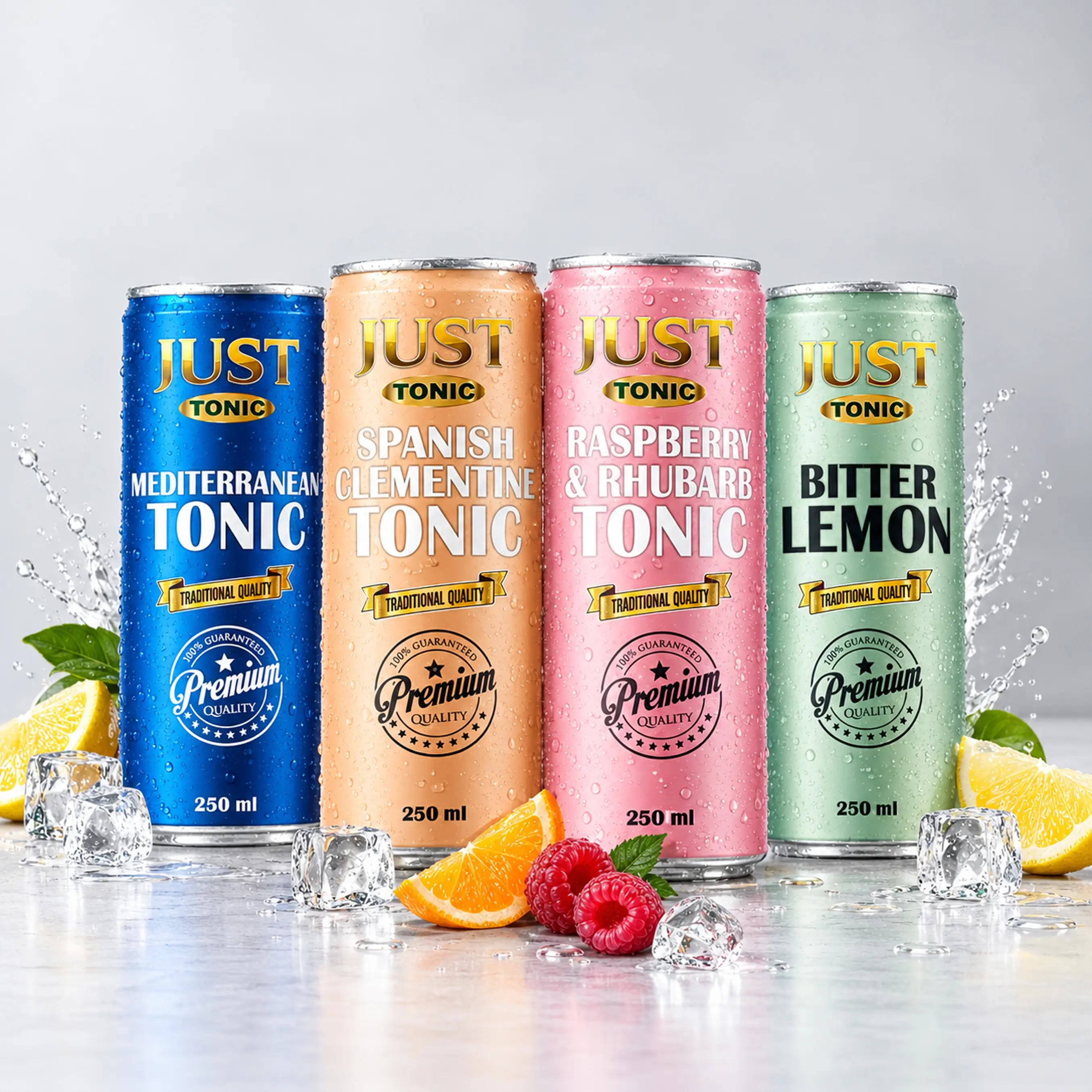 JUST Tonic 250 ml cans featuring Mediterranean Tonic, Spanish Clementine, Raspberry &amp; Rhubarb, and Bitter Lemon flavours with ice and fresh fruit.